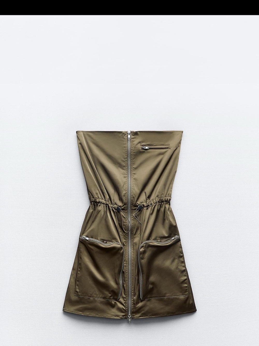 Zara Olive Green Strapless Utility Dress with Zip Pockets